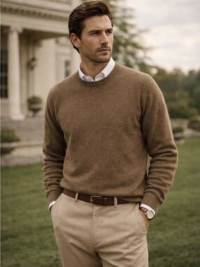 The Commons 100% Cashmere Sweater Crew Neck Mens XLarge Khaki Knit Pullover